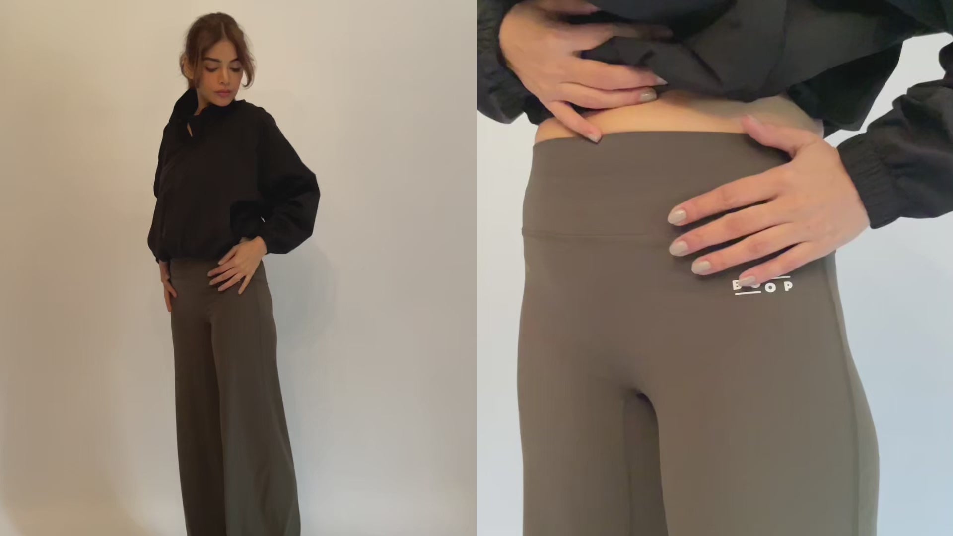 A woman models different athletic outfits, showcasing high-waisted leggings and wide-leg pants in shades of olive, maroon, gray, and purple, paired with a black crop top and bomber jacket against a white studio background.